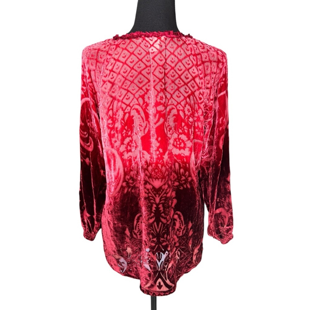 Sundance Red Velvet Burnout Boho Blouse M Silk Blend Romantic Cottagecore Top - Picture 3 of 7